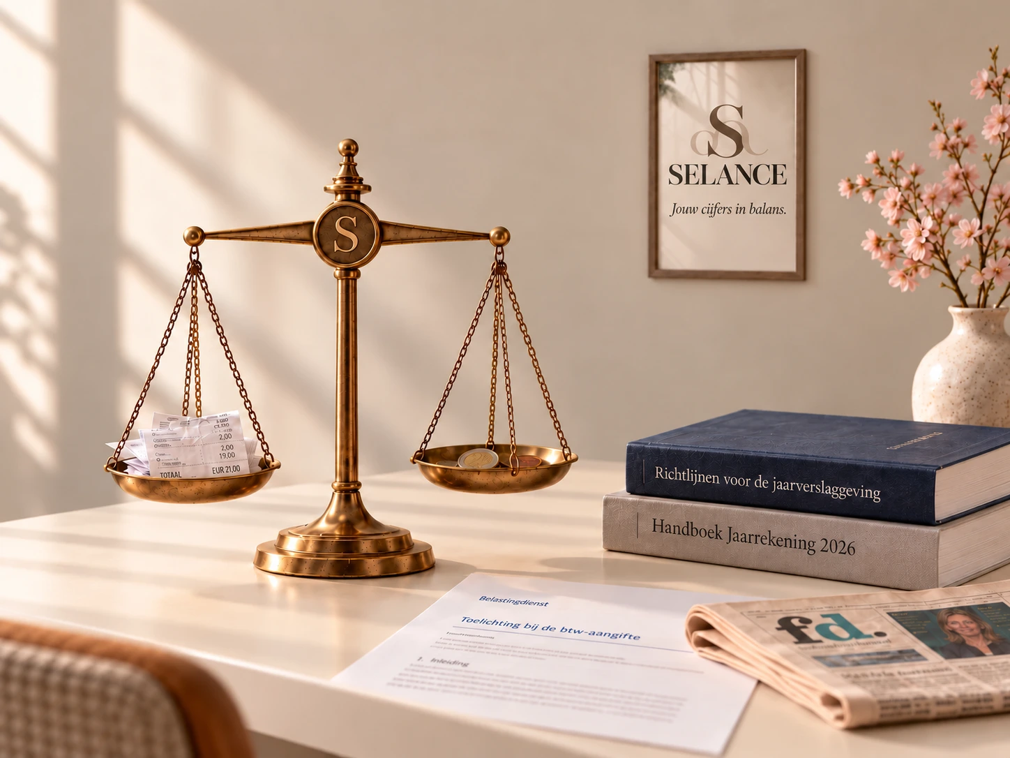 Messing weegschaal met bonnetjes en munten, financiële boeken, het FD en roze bloesem bij Selance