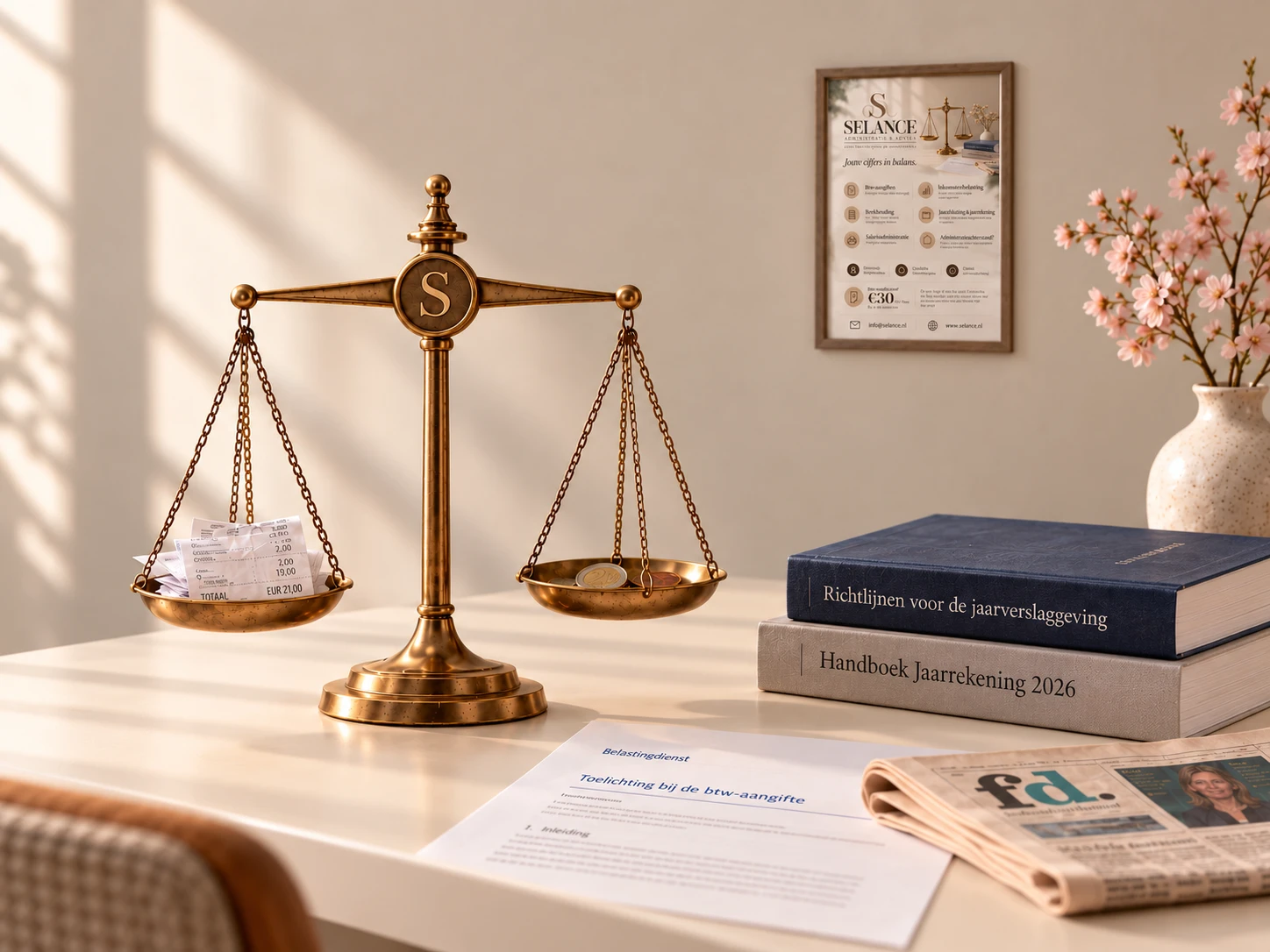 Messing weegschaal met bonnetjes en munten, financiële boeken, het FD en roze bloesem bij Selance